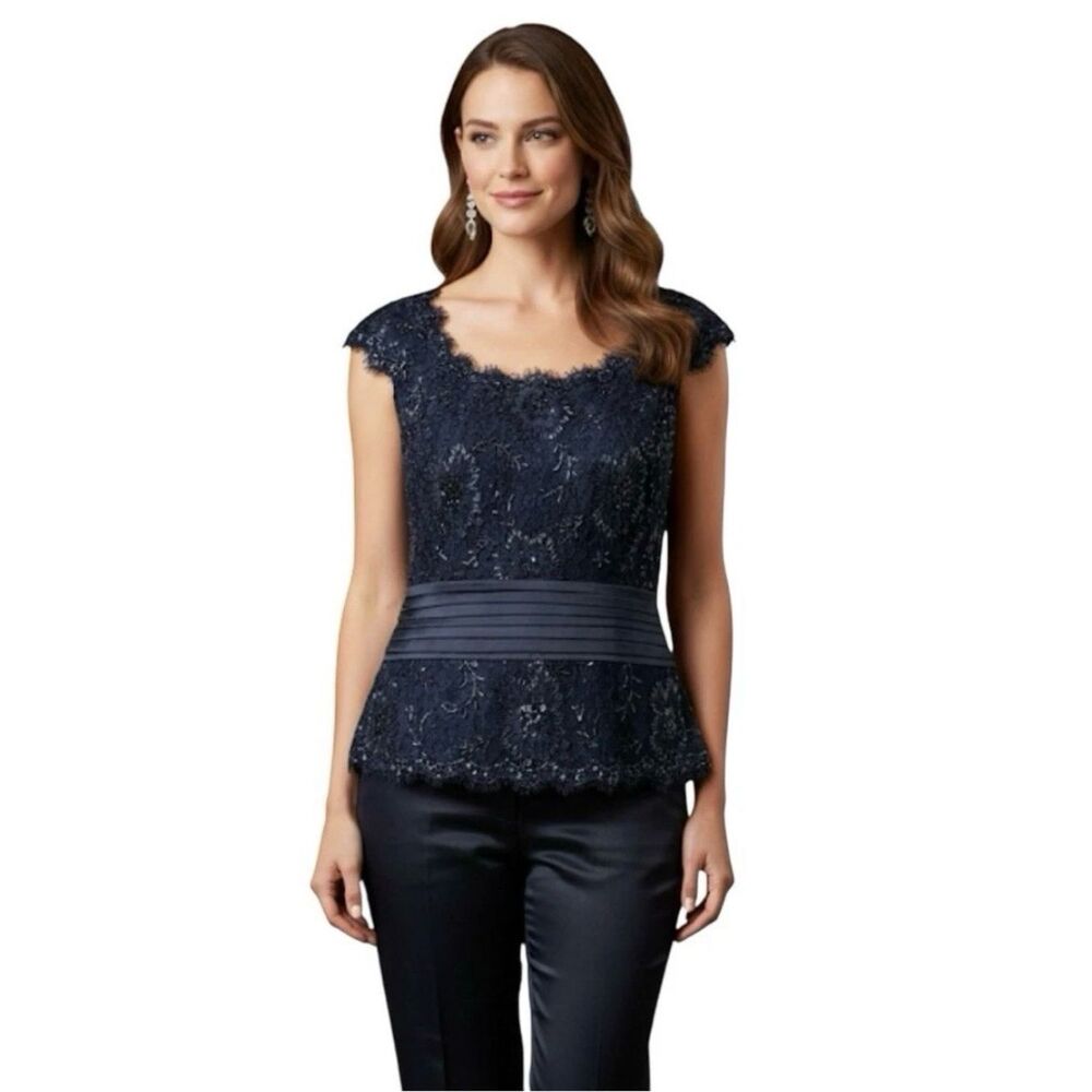 Tadashi Collection Sequin Beaded Navy Blue Top Blouse Size 8 Silk Embellishment